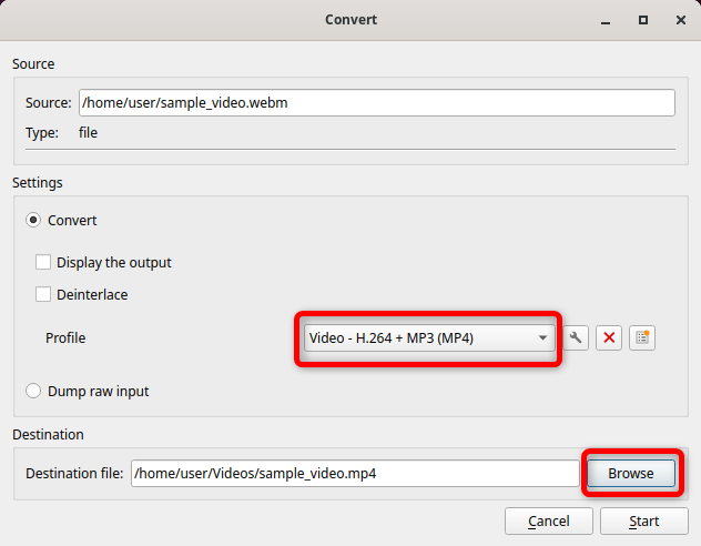 adding profile and specifying output and format to given sample WebM file