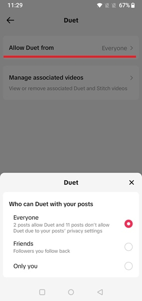 Selecting "Allow Duet from" option in TikTok app to view available settings.