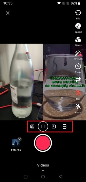 Tapping on different framing modes for Duets in TikTok app. 
