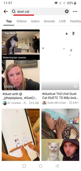 Searching for duets using keyword in TikTok app. 