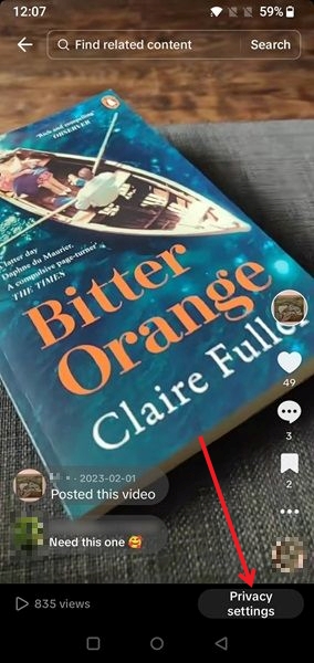 Tapping on "Privacy settings" option on TikTok video. 