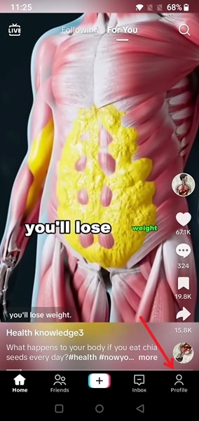 Tapping on Profile icon in TikTok app.
