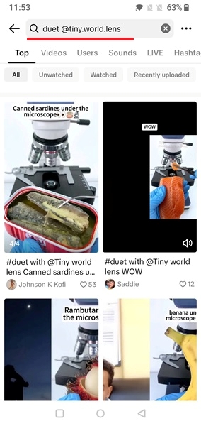 Searching for Duets created with videos from select accounts in the TikTok app.