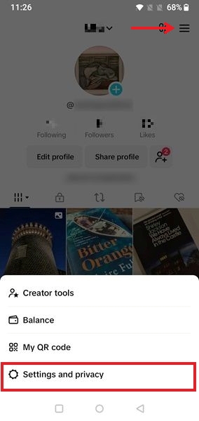 Selecting "Settings and privacy" from TikTok profile menu. 