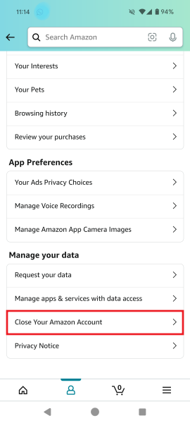 Tap on "Close Your Amazon Account" option in Amazon Shopping app.