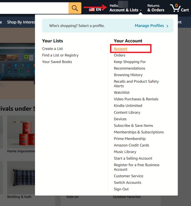 Clicking on Account option in Amazon settings on PC.