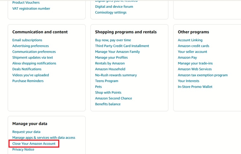 Clicking on "Close Your Amazon Account" option on the Amazon website.