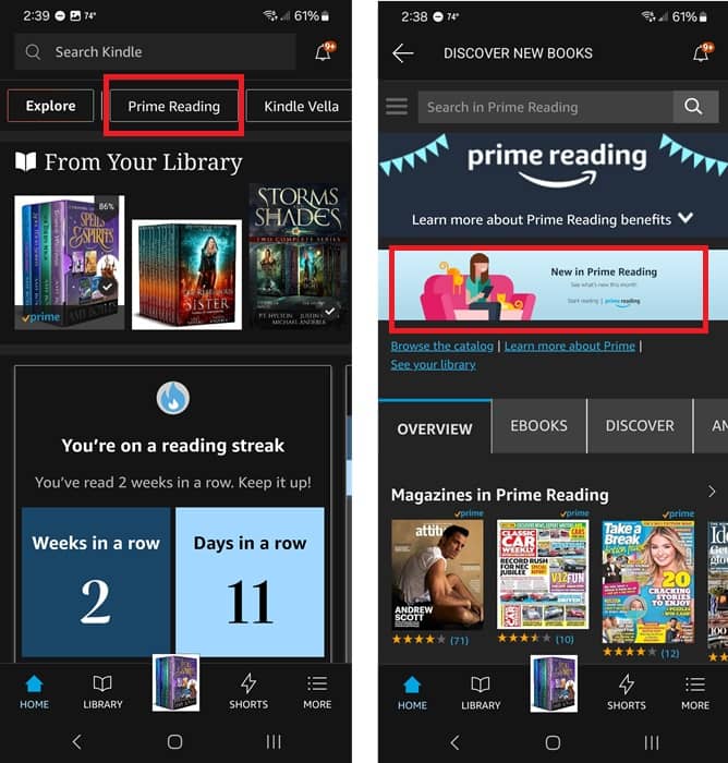 Using Prime Reading in the Kindle app.