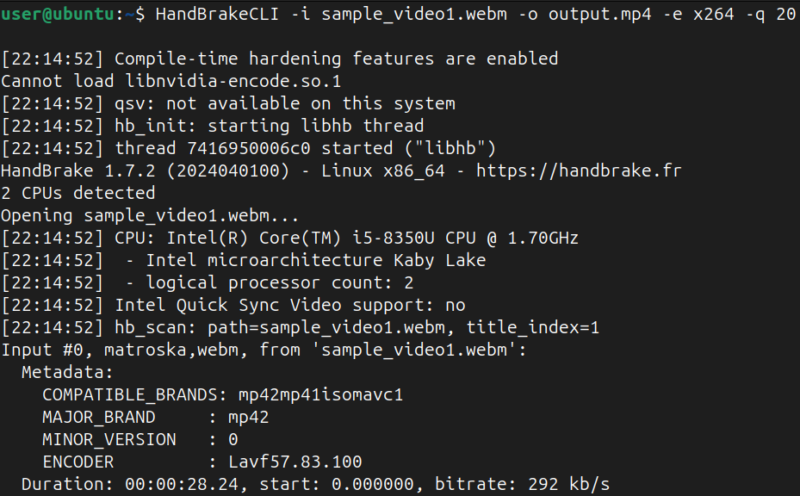 Converting WebM file to Mp4 using HandBrake CLI interface