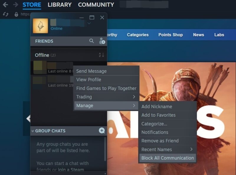 Opting for the "Block All Communication" option in Steam client for desktop.