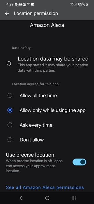 Changing the level of location access on Android.