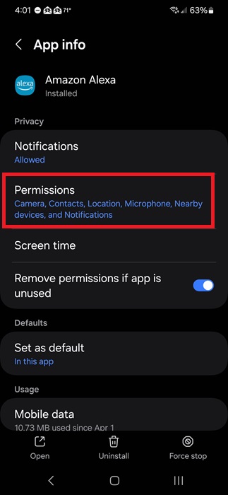 Viewing what permissions the Amazon Alexa app has access to.