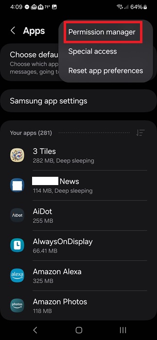 Accessing Permission Manager in the Android Apps screen.
