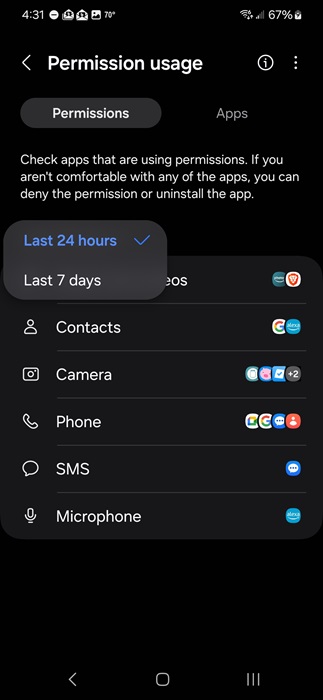 Viewing permission access from the last 24 hours in Android.