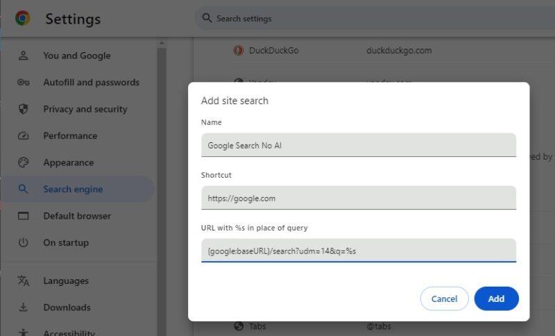 Editing the site search in Google Chrome.
