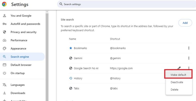 Setting a new default site search in Chrome to stop Google AI search.