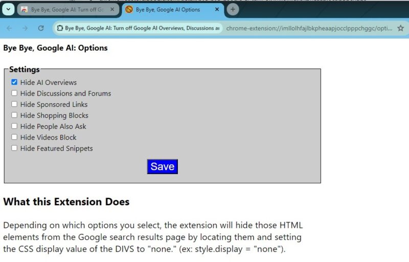 Using the Bye Bye Google AI extension to stop Google AI search results.