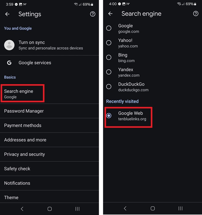 Changing the default search engine in Google Chrome on mobile.