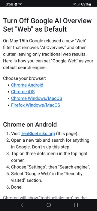 Visiting tenbluelinks.org to turn off Google AI search results on mobile.
