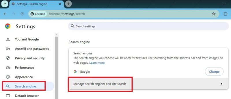 Managing search engine settings in Google Chrome.