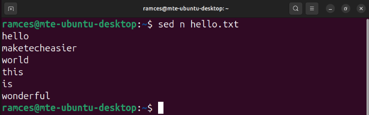 A terminal showing the contents of the "hello.txt" file.