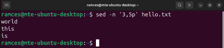 A terminal showing sed's ability to print specific line ranges.