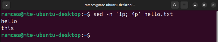 A terminal showing sed printing non-adjacent lines from a text file.
