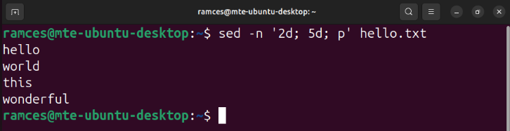 A terminal showing the process of deleting non-adjacent lines using sed.