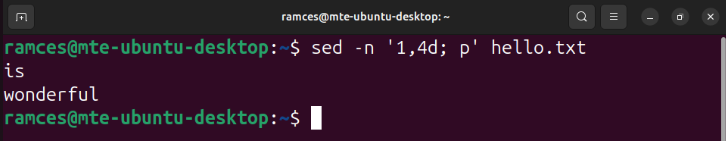 A terminal showing the process of deleting a range of lines using sed.