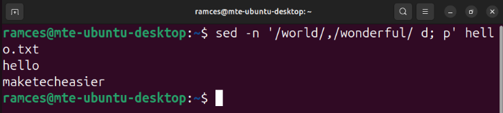A terminal showing sed's ability to delete lines of text based on a regex pattern.