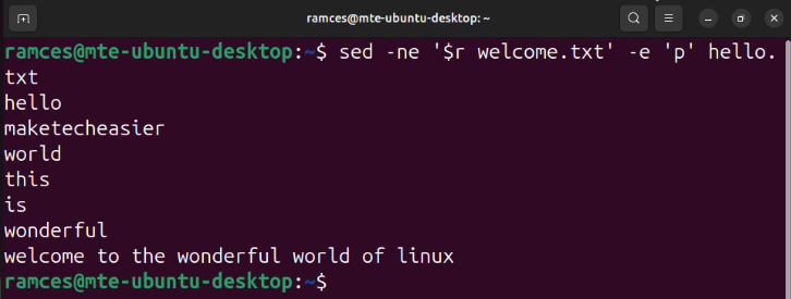 A terminal showing the process of appending an entire file to the end of a sed stream.