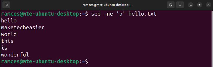 A terminal printing the contents of the "hello.txt" file using sed.