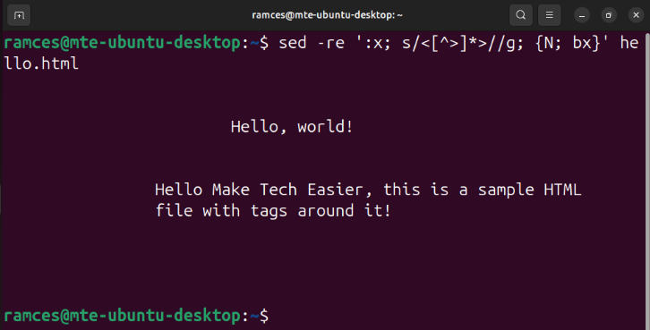 A terminal showing sed removing the HTML tags in a file using loops.