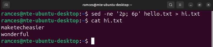 A terminal showing sed's ability to use output redirection to save its output to files.