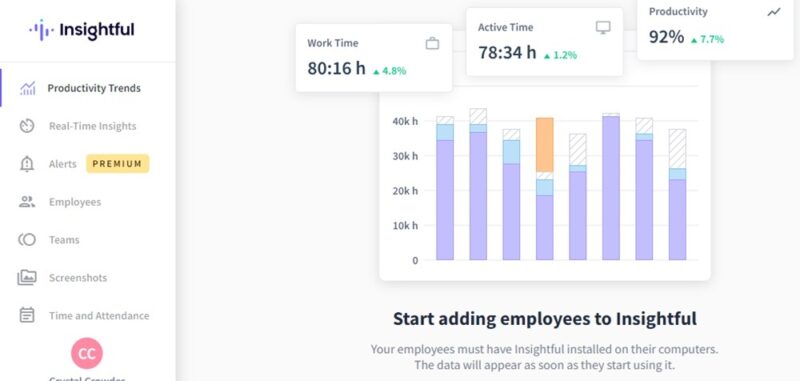 Insightful.io main dashboard before setting up employees.