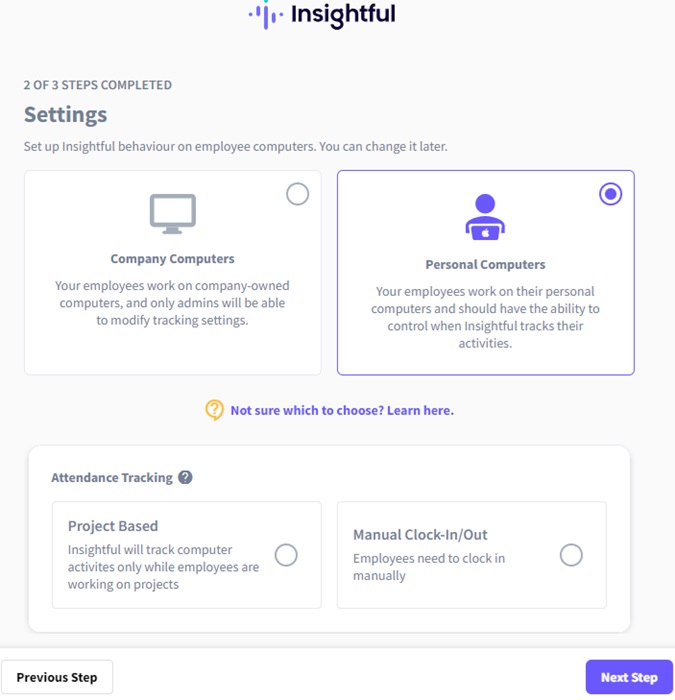 Setting up the tracking type in Insightful.io.