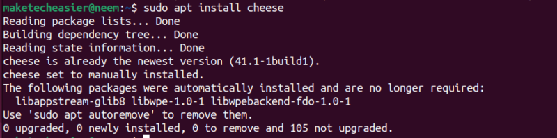 Install Cheese webcam app using the "sudo apt install" command.