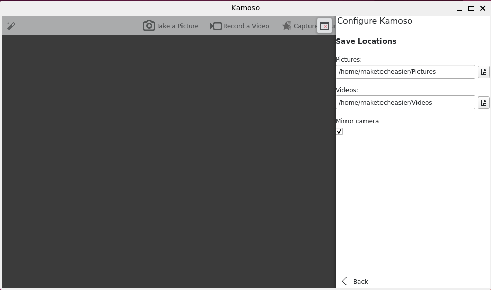 Interface of Kamoso webcam app displaying its configuration settings.