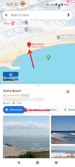 Tapping on the Directions button in Google Maps on Android.