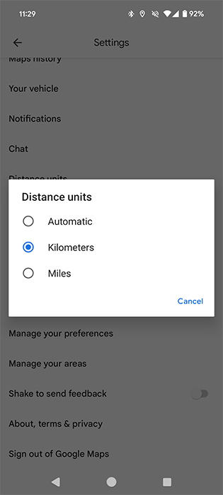 Selecting a new type of distance units in Google Maps on Android.