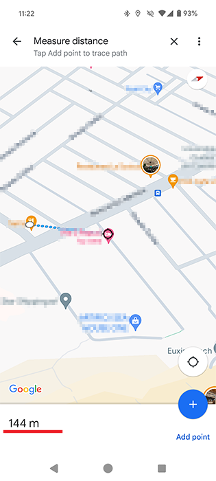 Distance shown in meters in Google Maps on Android.