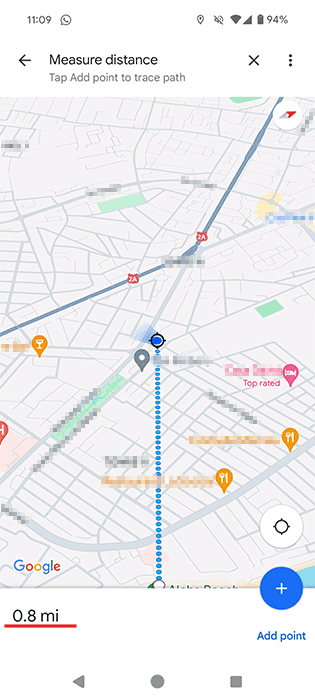 Distance visible at the bottom in Google Maps for Android.