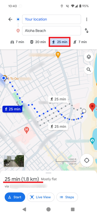 Distance view between two points for walking route in Google Maps for Android.