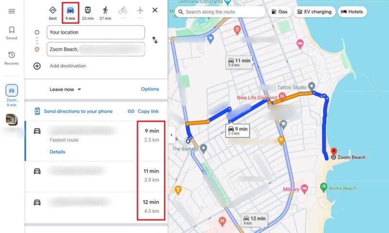 Viewing distances in Destinations tab in Google Maps on PC.