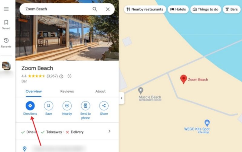 Clicking on Destination button after tapping on location in Google Maps on PC.