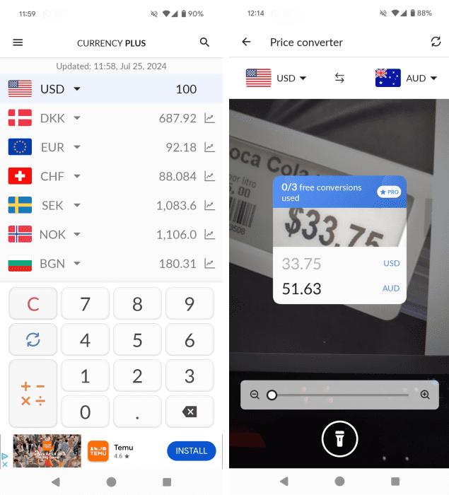 Currency Converter Plus app interface overview. 