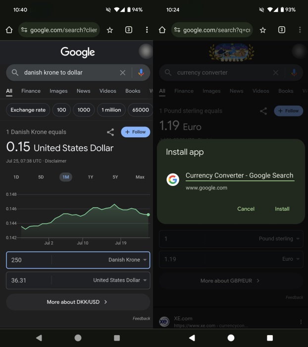 Google Search currency conversion shown in browser.