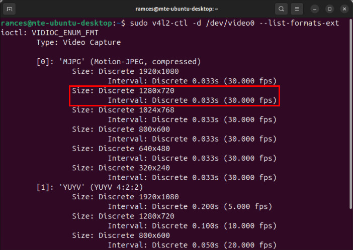 A terminal showing the list of the available resolutions for the webcam.