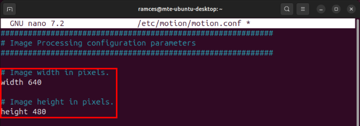 A terminal showing the default values for Motion's webcam resolution.