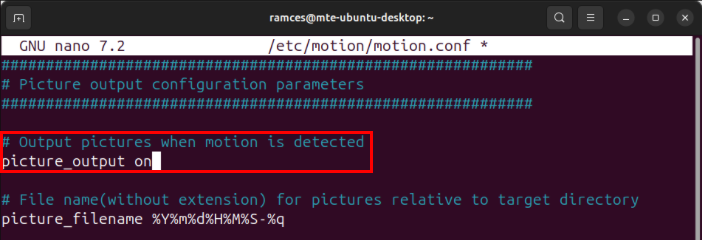 A terminal showing the picture_output variable inside the Motion config file.
